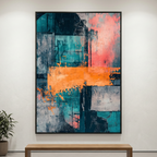 „Miesto erozija“ – abstrakti turkio ir oranžinė drobė