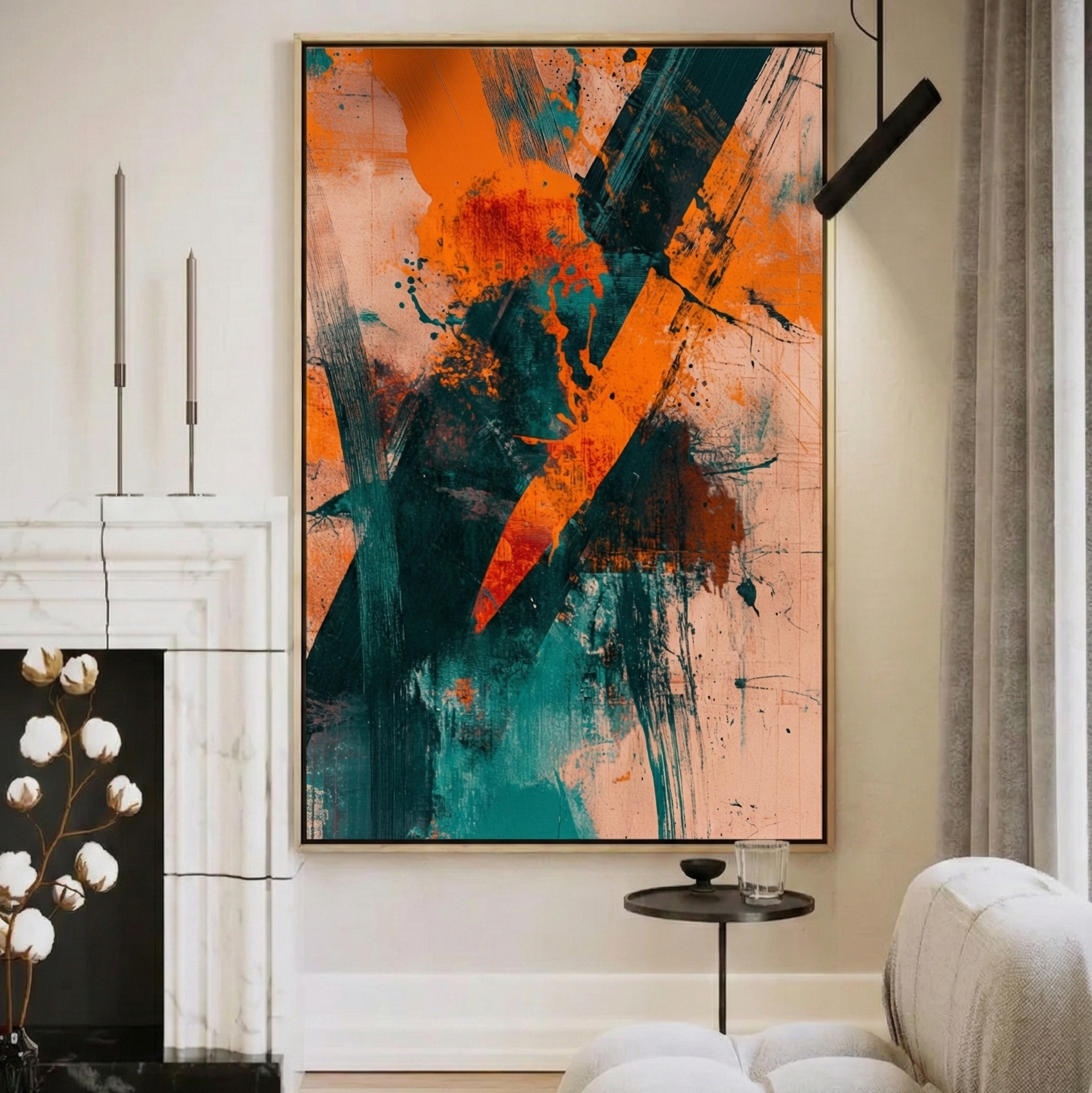Modernus abstraktus paveikslas „Ugninė ekspresija“ – Oranžinė ir tamsiai žalia