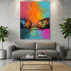 „Spalvų Simfonija“ – Modernus Abstraktus Miesto Peizažas (Drobė)