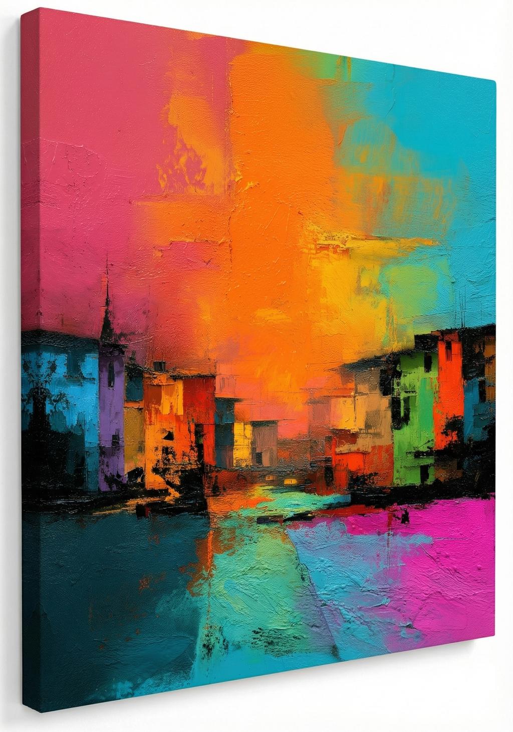 „Spalvų Simfonija“ – Modernus Abstraktus Miesto Peizažas (Drobė)