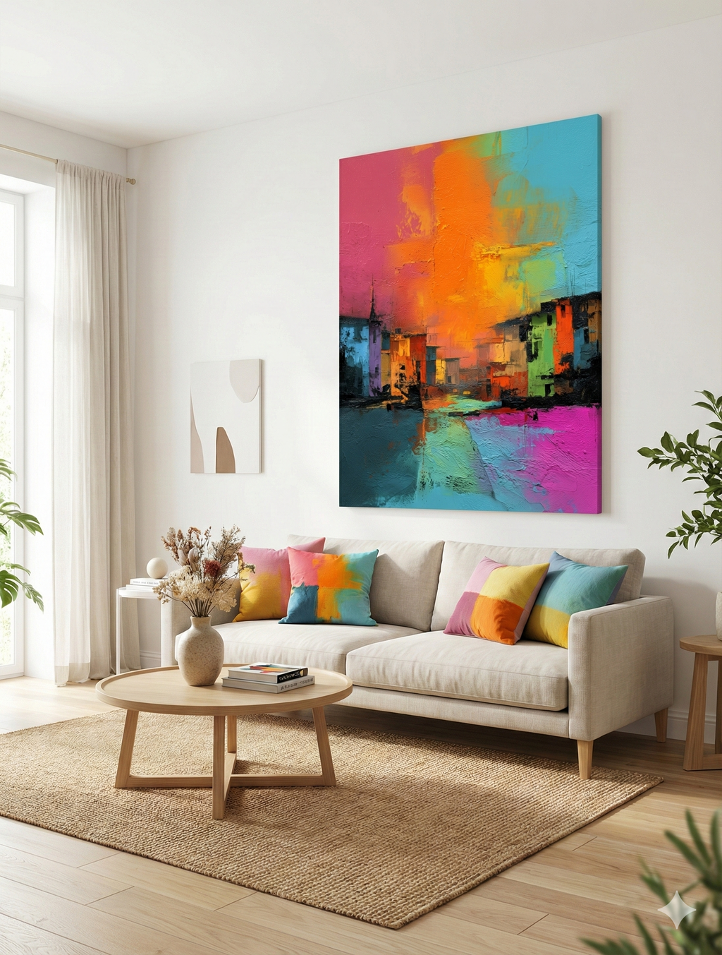 „Spalvų Simfonija“ – Modernus Abstraktus Miesto Peizažas (Drobė)